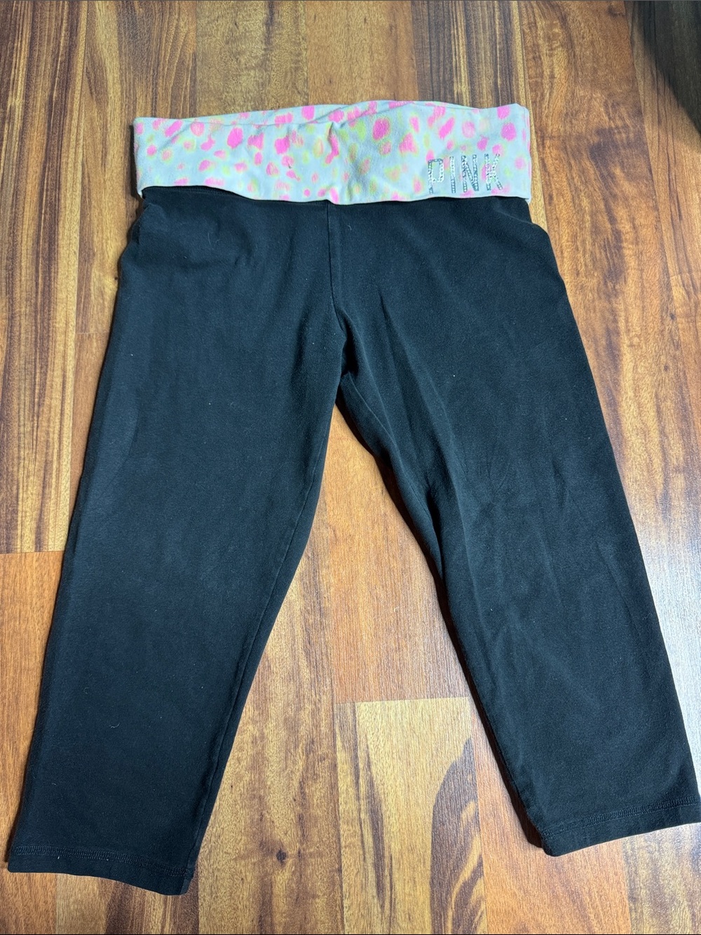 PINK Victoria's Secret Black Capri Leggings with Pink Leopard Waistband